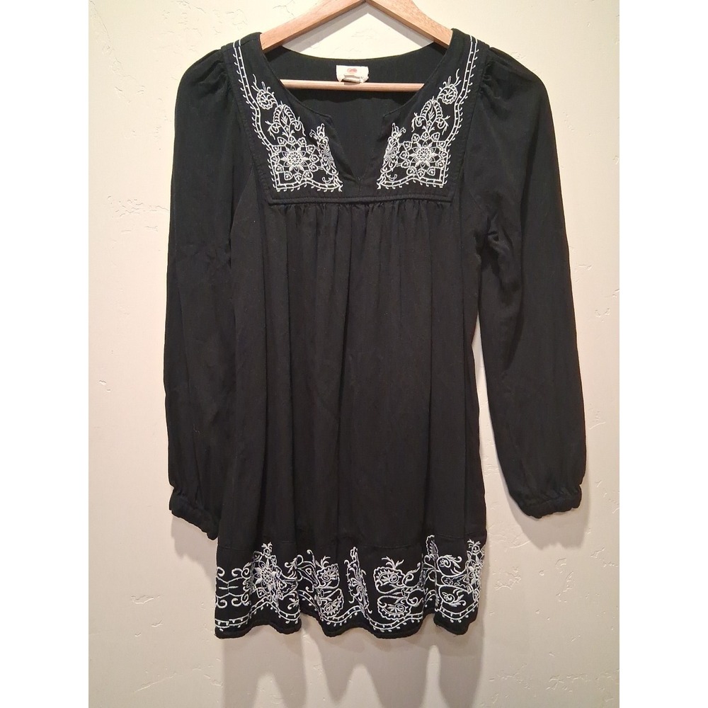 Boho Women's S Embroidered Peasant Tunic Dress Black White Folk Festival Gypsy